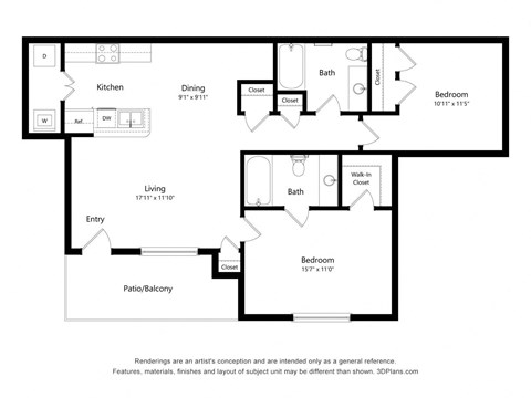 Floor plan for 2 beds, 2 baths, 912 sqft